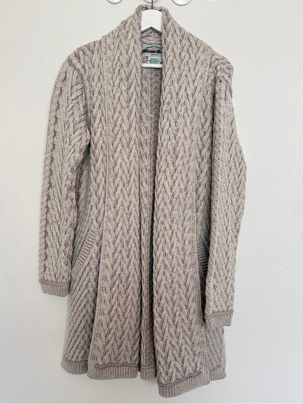 Aran Crafts Ireland 100% Merino Wool Aran Cable Knit Long Cardigan Coat M